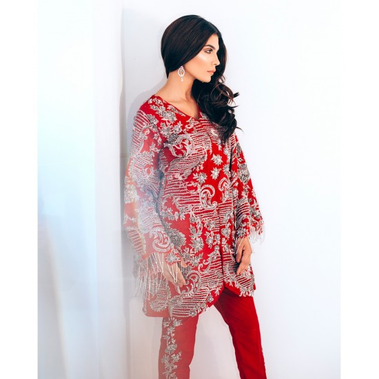 F45 : Red Organza Front Open Styled Shirt
