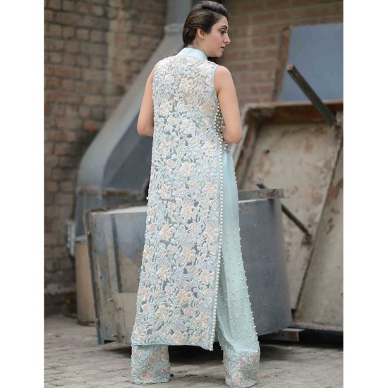F49 : Embroidered Floor Length Blue Coat